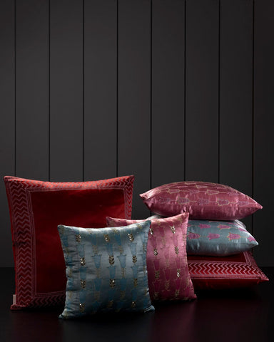 Pink Mashru Embroidered Cushion Cover 12x12 - Eyaas