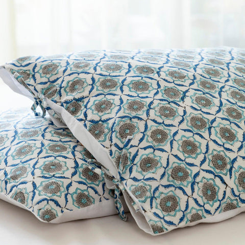 Block Printed Pillow Cover Set of 2, Turquoise & Indigo - Eyaas