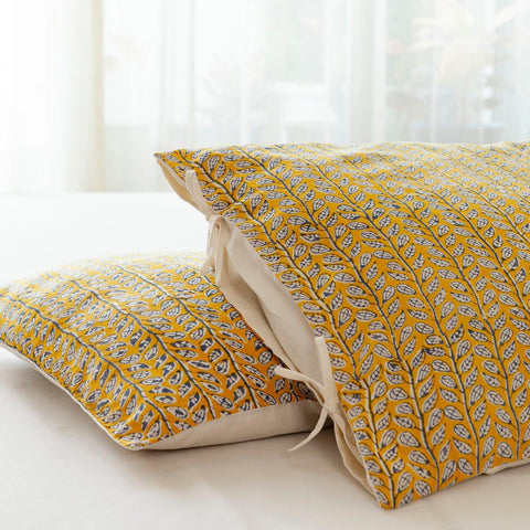 Hand Block Printed Pillow Cover Set of 2, Pink/Yellow - Eyaas