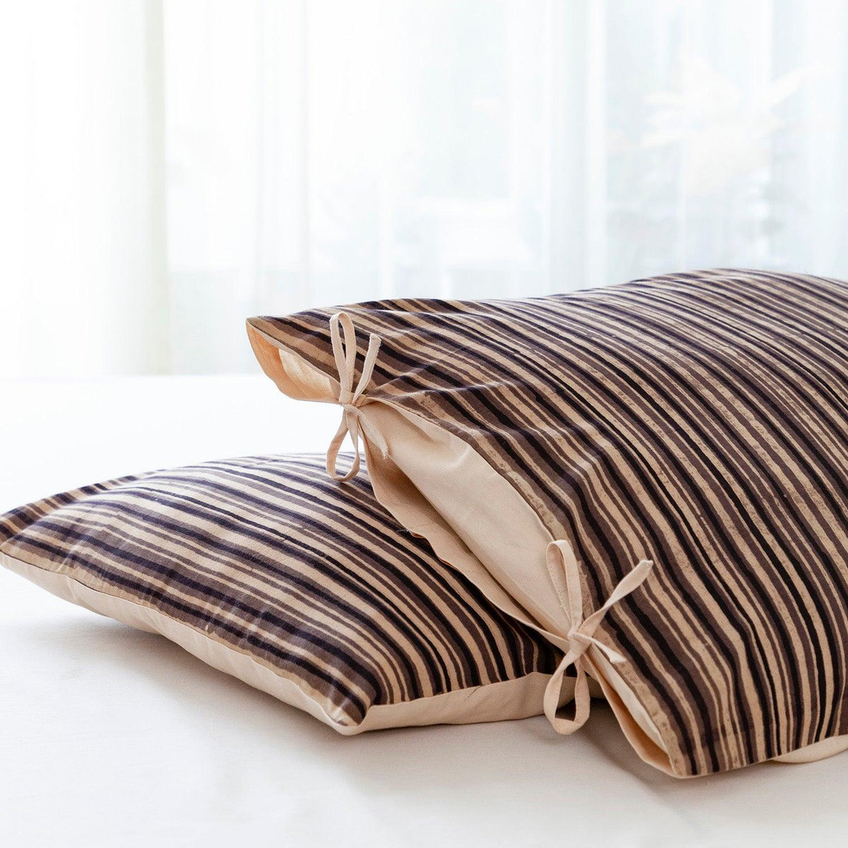 Striped Ajrakh Block Print Pillow Case Set of 2 - 18x27 - Eyaas