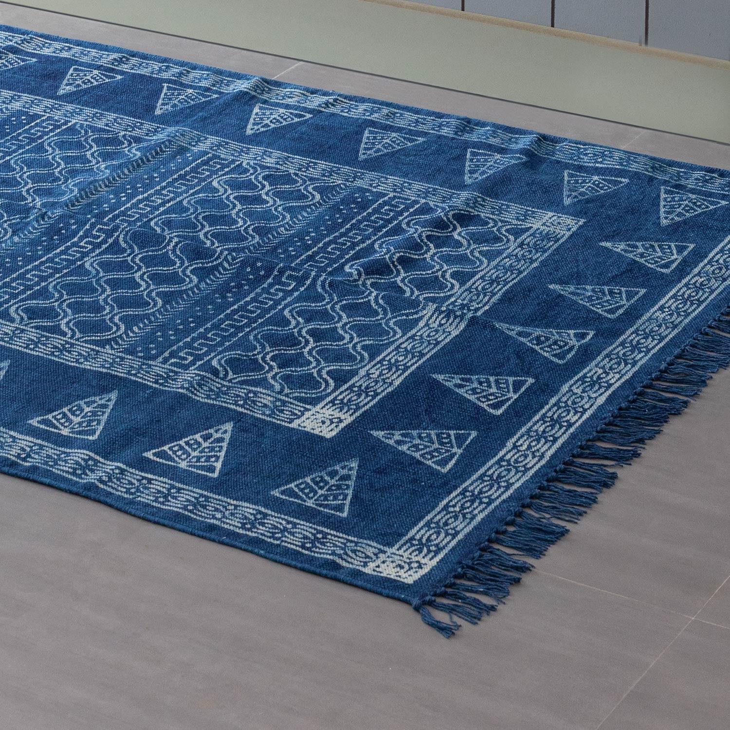 Abstract Indigo Rugs Dhurrie Rug Block Print, Abstract, 6x4 ft, Indigo – Eyaas
