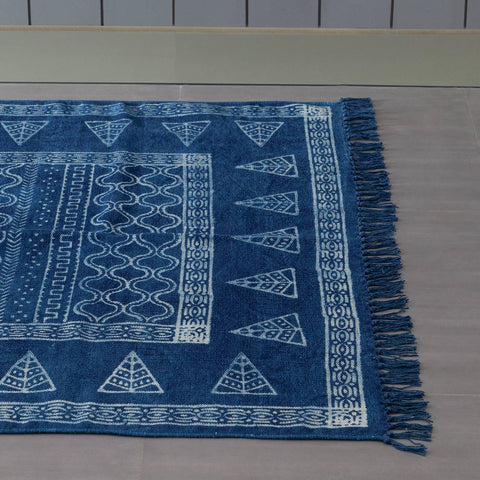 Dhurrie Rug Block Print, Abstract, 6x4 ft, Indigo - Eyaas