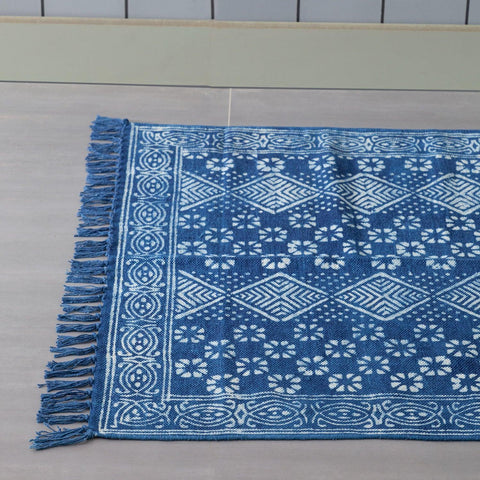 Indigo Diamond Floral Hand Block Dhurrie Rug 5x3 ft - Eyaas