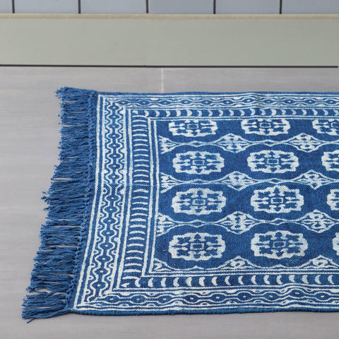 Cotton Dhurrie Rug, Floral, 5x3 ft, Indigo - Eyaas