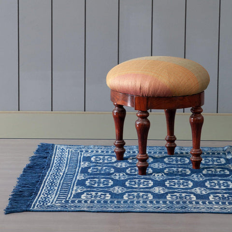 Cotton Dhurrie Rug, Floral, 5x3 ft, Indigo - Eyaas