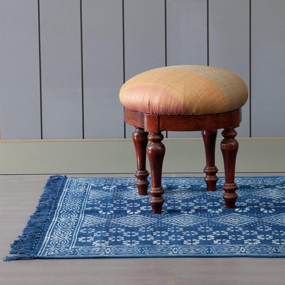 Indigo Diamond Floral Hand Block Dhurrie Rug 5x3 ft - Eyaas