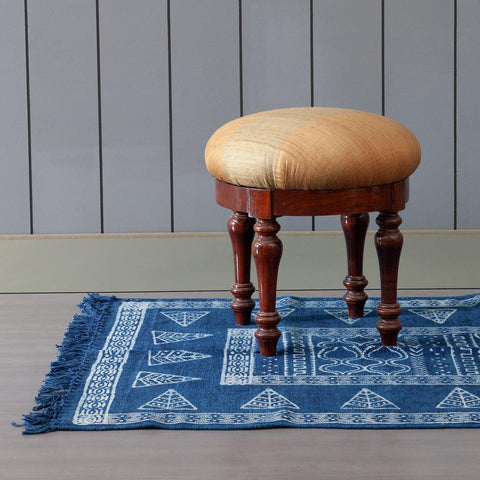Dhurrie Rug Block Print, Abstract, 5x3 ft, Indigo - Eyaas