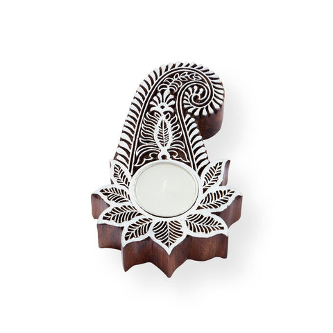 Paisley with Lotus Block Carved T-Light Candle Holder - Eyaas