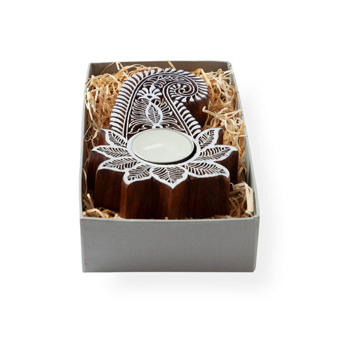Paisley with Lotus Block Carved T-Light Candle Holder - Eyaas