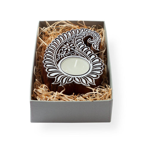 Teardrop Paisley Wooden T-Light Candle Holder - Eyaas