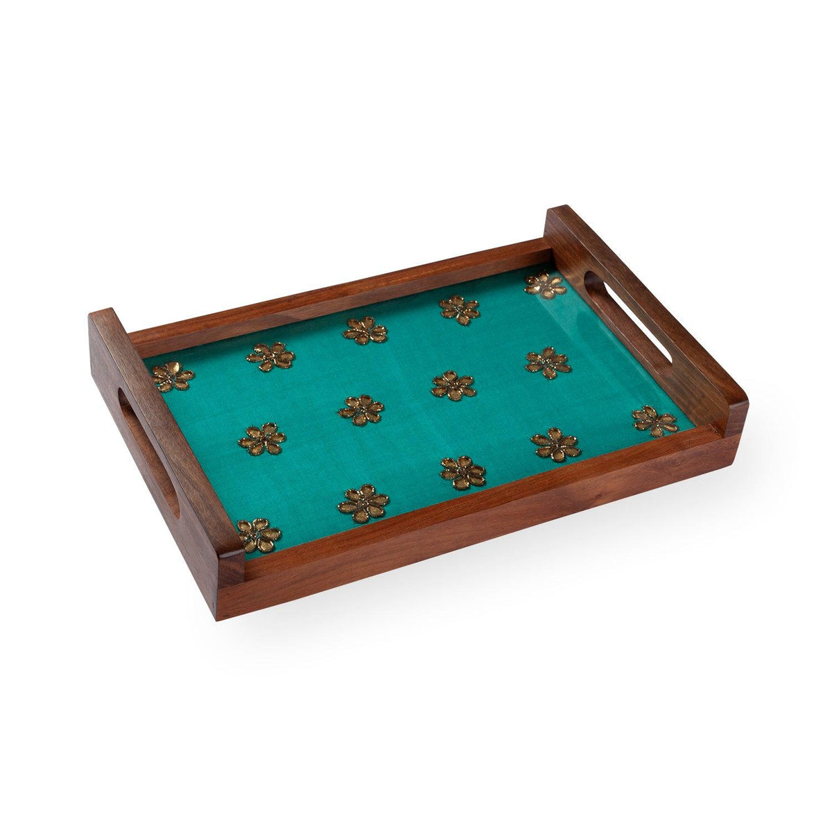 Sea Green Gota Patti Sheesham Wood Tray 11.5x7.6 Inches - Eyaas