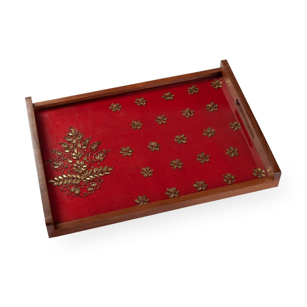 Red Gota Patti Sheesham Wood Tray 17.5x12.5 inches - Eyaas