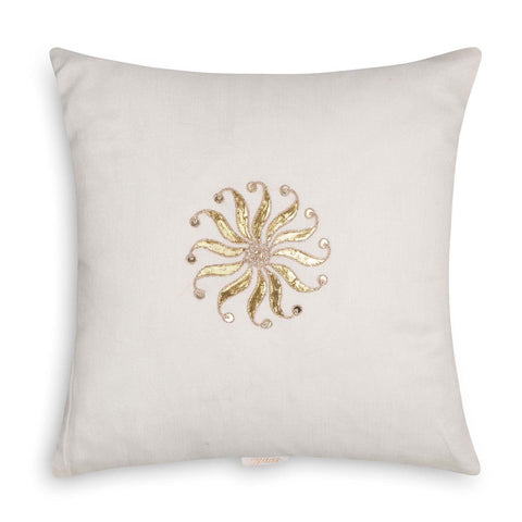 White Gold Gota Patti Chanderi Cushion 12x12 - Eyaas