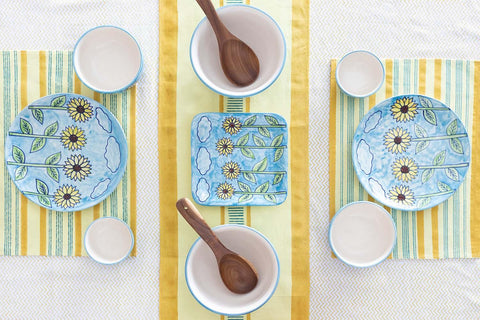 Striped Block Printed Table Runner,13x60, Yellow & Mustard - Eyaas