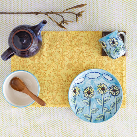 Block Printed Table Mat, Set of 2, Yellow & Orange - Eyaas
