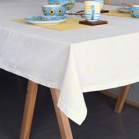 Block Printed Table Cloth, 58x90, Yellow Chevrons - Eyaas