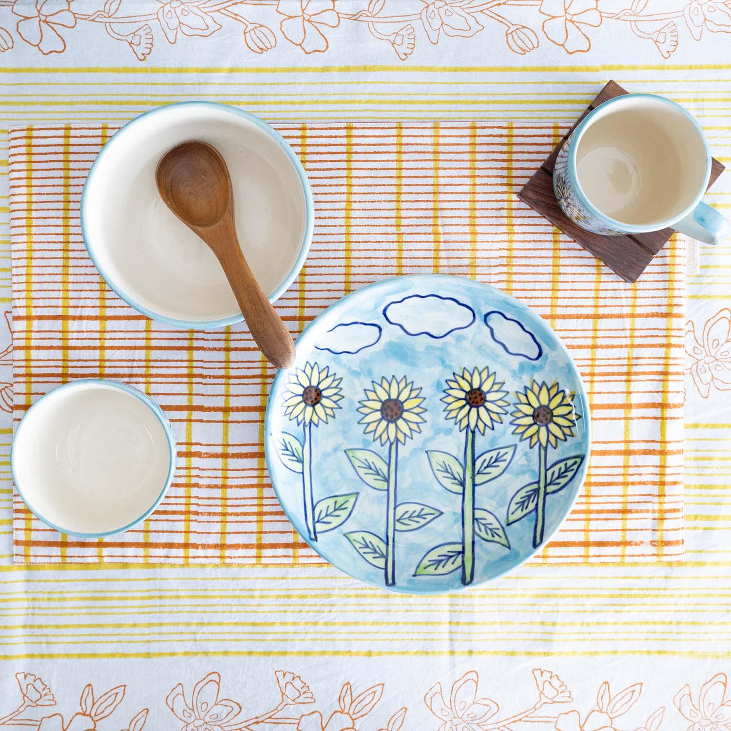 Sunflower & Striped Hand-painted Ceramic Breakfast Set of 3
