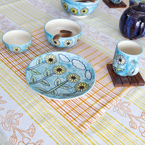 Block Printed Table Cloth, 58x90, Rust & Yellow - Eyaas