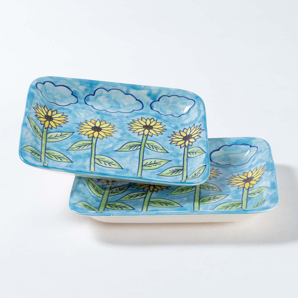 Sunflower-Painted Ceramic Square Serving Platter Set of 2 - Eyaas
