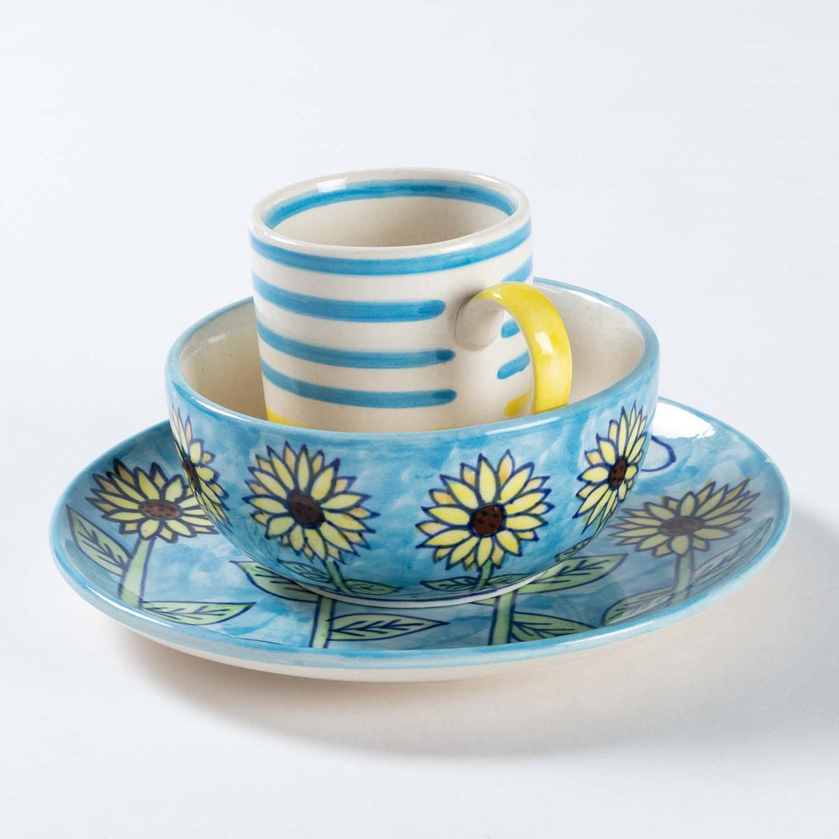 Sunflower & Striped Hand-painted Ceramic Breakfast Set of 3