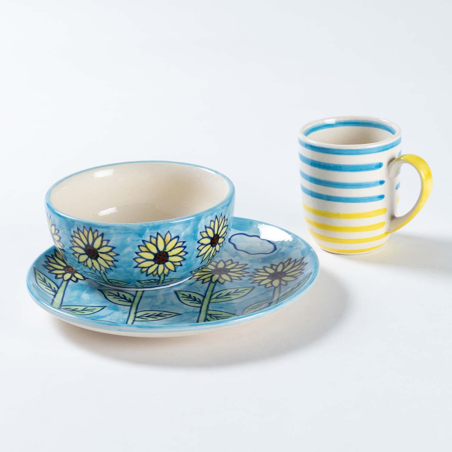 Sunflower & Striped Hand-painted Ceramic Breakfast Set of 3