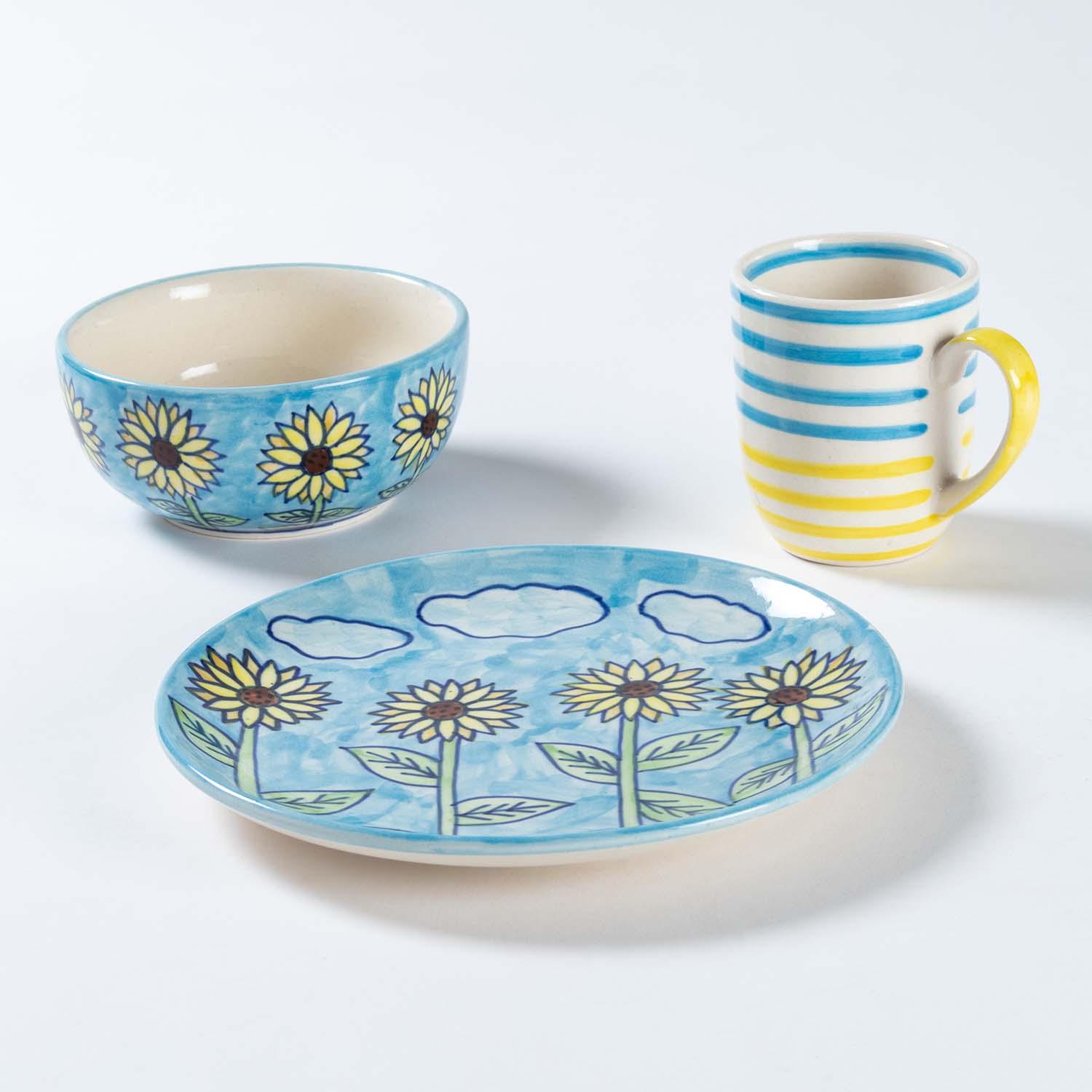 Sunflower & Striped Hand-painted Ceramic Breakfast Set of 3