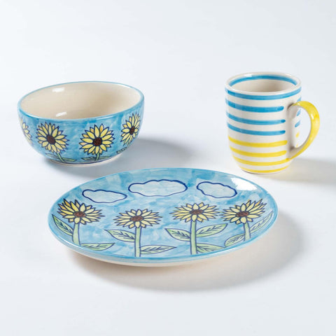 Sunflower & Striped Ceramic Breakfast Set of 3 - Eyaas