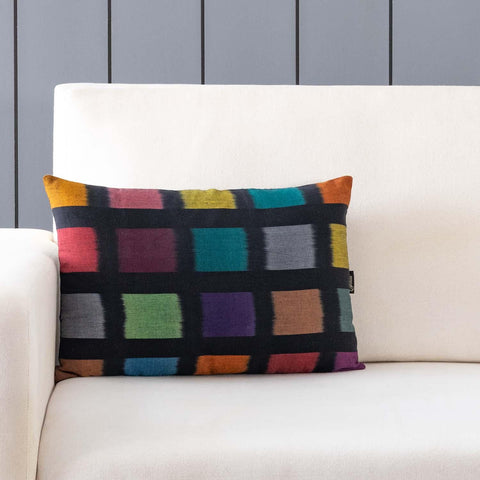 Ikat Cushion Cover – Black with Multi Squares 12x18 - Eyaas
