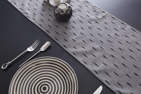 Handlooon Ikat Cotton Table Runner, Grey & Black - Eyaas