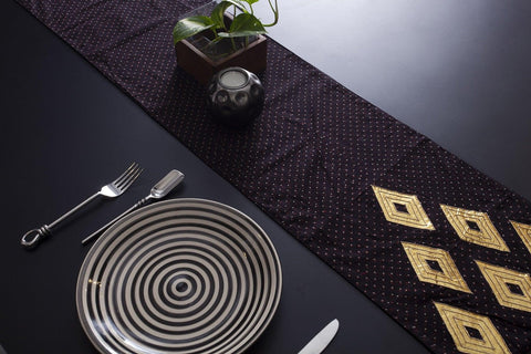 Ajrakh & Gota Work Table Runner, Black & Gold - Eyaas