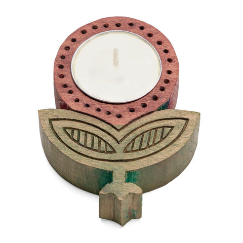 Single Flower Block Carved Wood Stained T-light Holder - Eyaas
