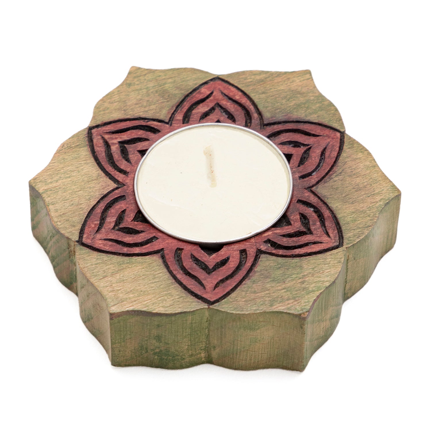 Block Carved Wood Stained T-light Holder Hexagon