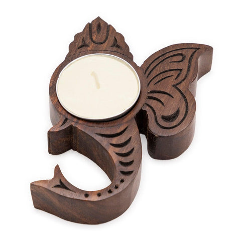 Block Carved Wood Stained T-light Holder Ganesha - Eyaas