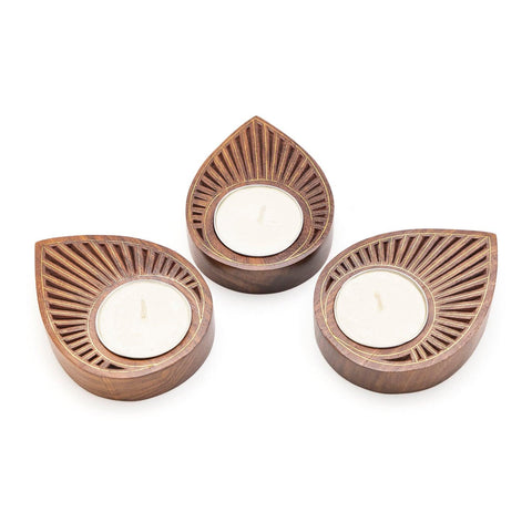 Brass Inlay Wooden T-light Holder Set of 3, Teadrops - Eyaas