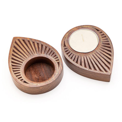 Brass Inlay Wooden T-light Holder Set of 3, Teadrops - Eyaas