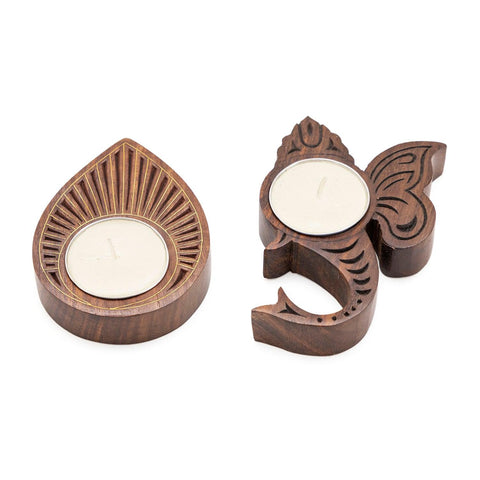 Wooden Block T-light Holder, Ganesha/Teadrop - Eyaas