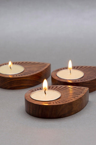 Brass Inlay Wooden T-light Holder Set of 3, Teadrops - Eyaas