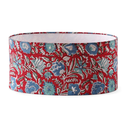 Ajrakh Blockprint Drum Lampshade, 13x9x6, Red & Blue - Eyaas