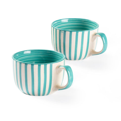 Striped Handpainted Ceramic Mugs Set of 2, Turquoise - Eyaas