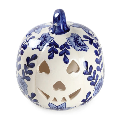 Ceramic Pumpkin Tea Light Holder - Floral Blue