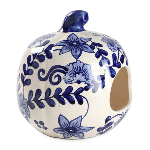 Ceramic Pumpkin Tea Light Holder - Floral Blue
