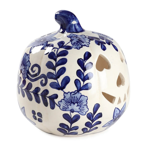 Ceramic Pumpkin Tea Light Holder - Floral Blue