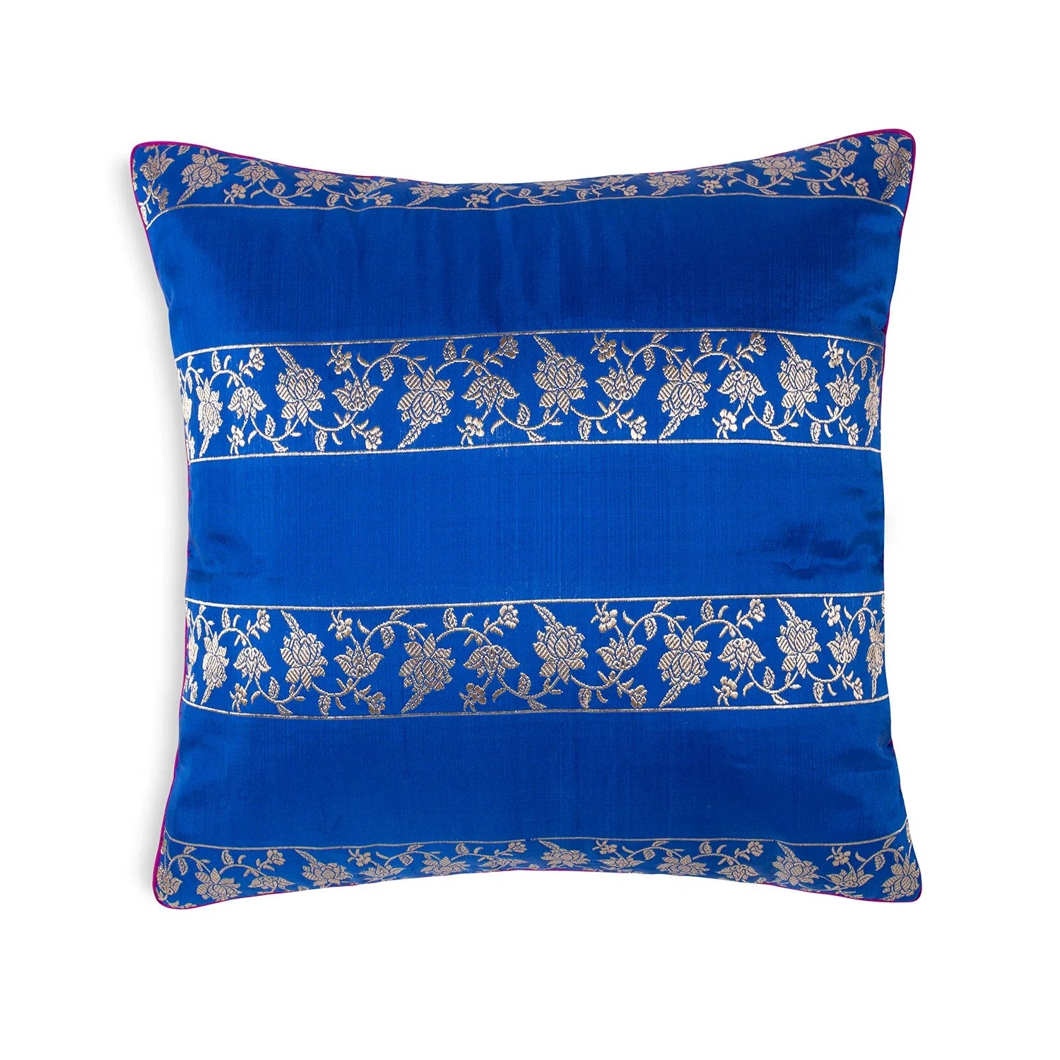 Blue handloom Banarasi brocade cushion cover with silk and zari floral weave, 12 x 12 inches