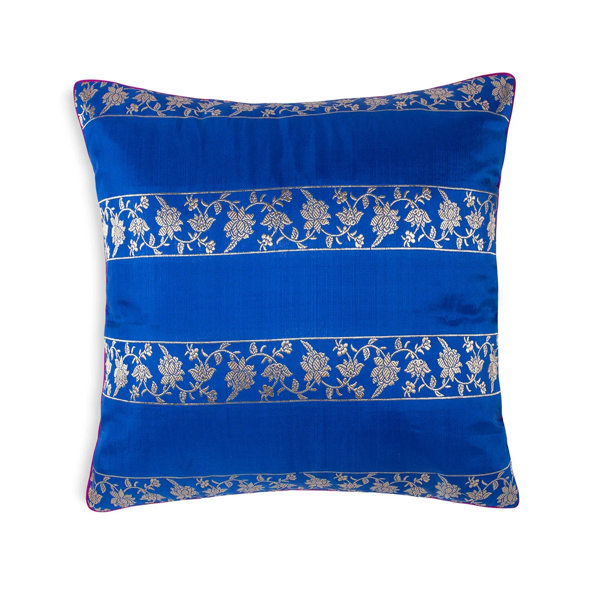 Blue handloom Banarasi brocade cushion cover with silk and zari floral weave, 12 x 12 inches