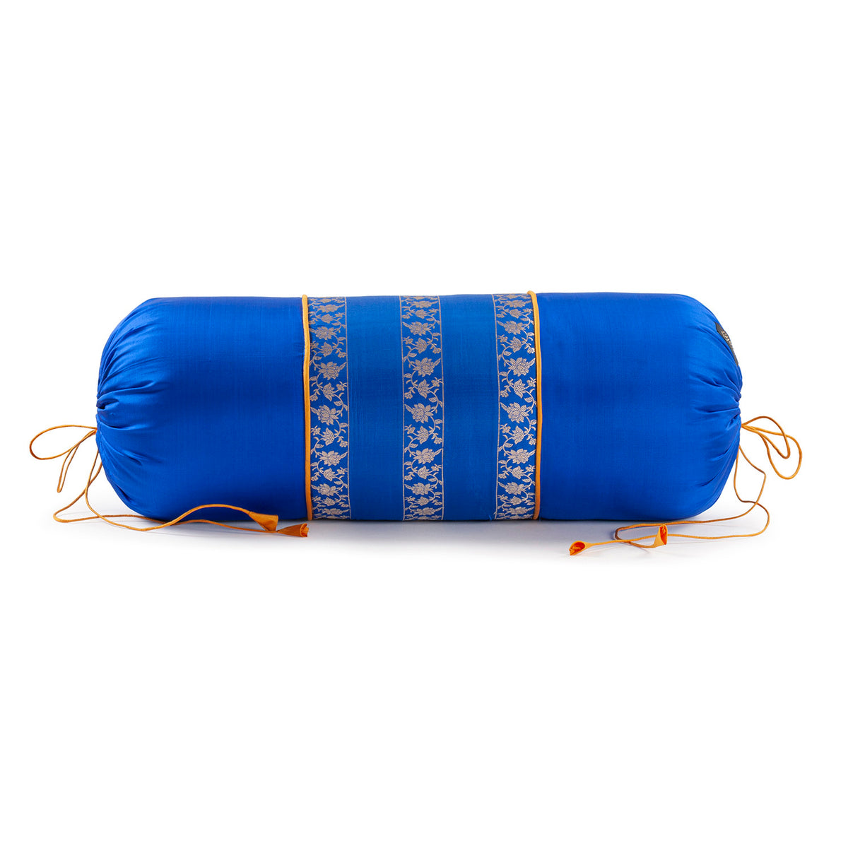 Blue handwoven Banarasi brocade silk bolster cover with floral bael pattern, 25 x 10 inches.