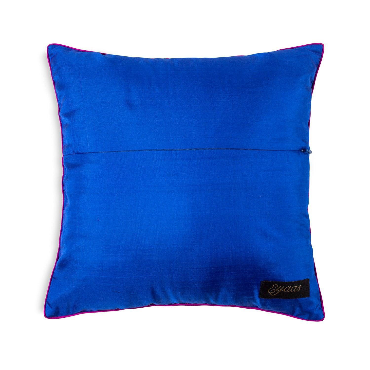 Back view of the blue Banarasi brocade cushion cover with concealed zip closure