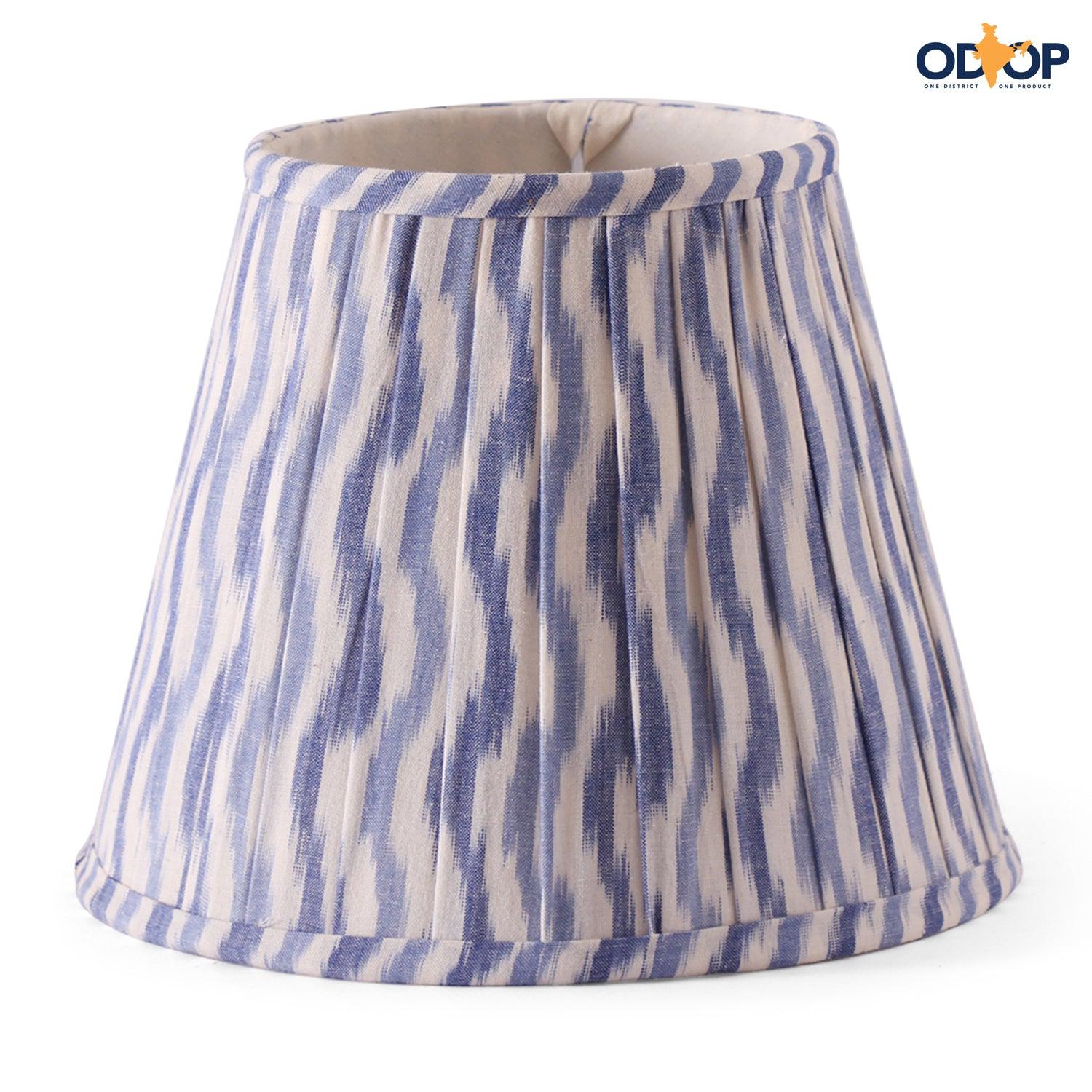 Blue and white handloom ikat cotton lamp shade with a pleated design for table lamps. - Eyaas