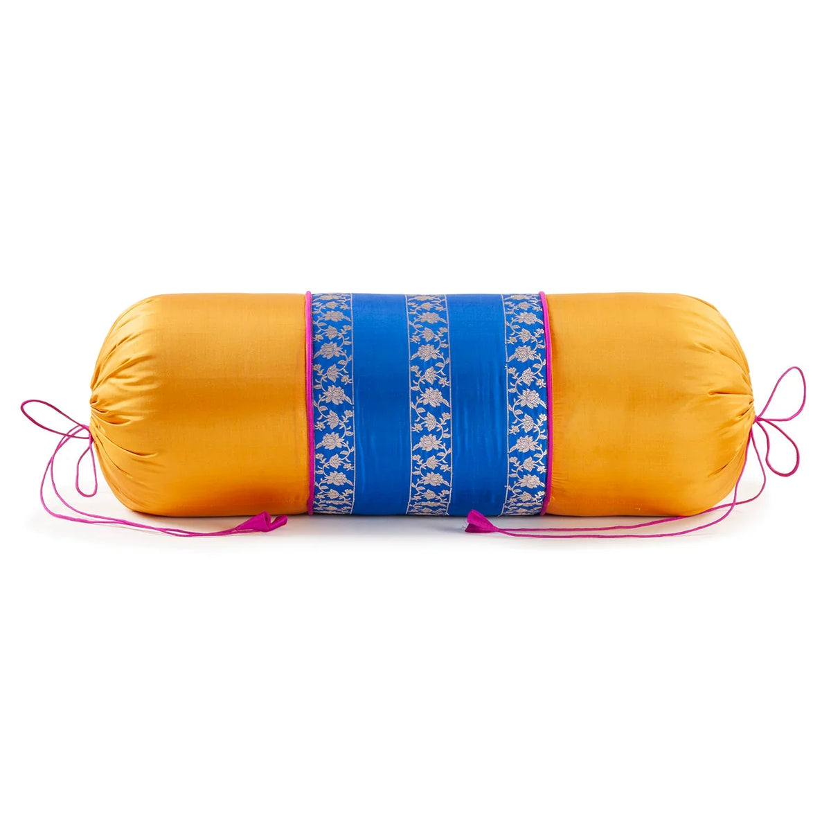 Blue and yellow handloom Banarasi brocade bolster with floral weave, 25 x 10 inches