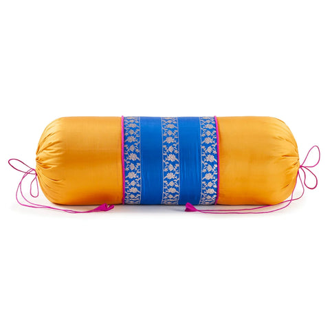 Blue and yellow handloom Banarasi brocade bolster with floral weave, 25 x 10 inches