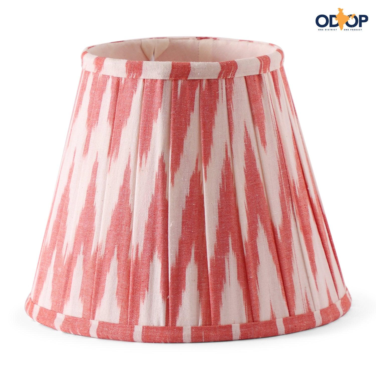 Coral and white handloom ikat cotton lamp shade with a pleated design for table lamps - Eyaas